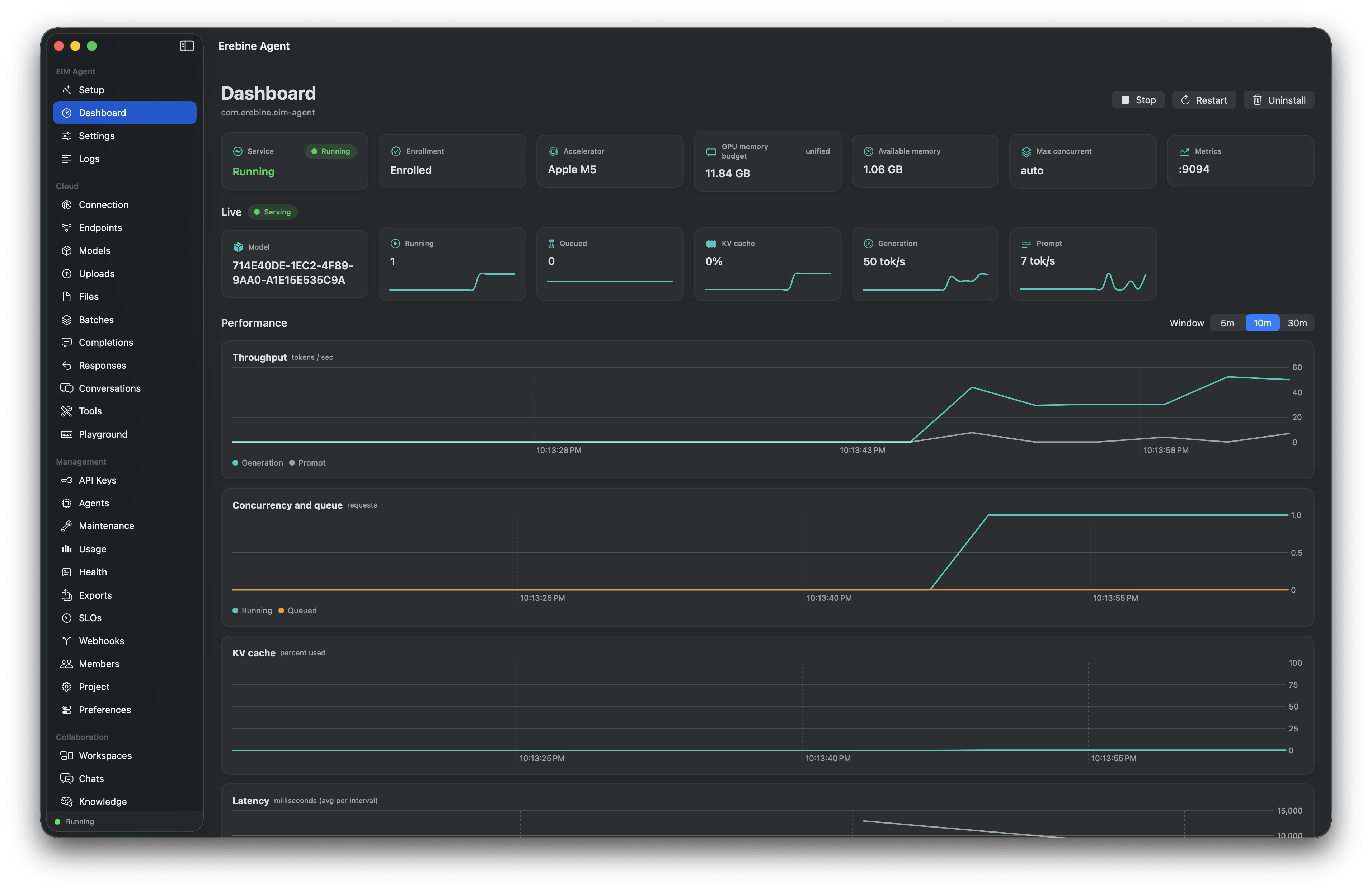 Erebine macOS app showing the agent dashboard: live status, the Apple Metal accelerator with its unified-memory budget, and Start, Stop, Restart, and Uninstall controls.